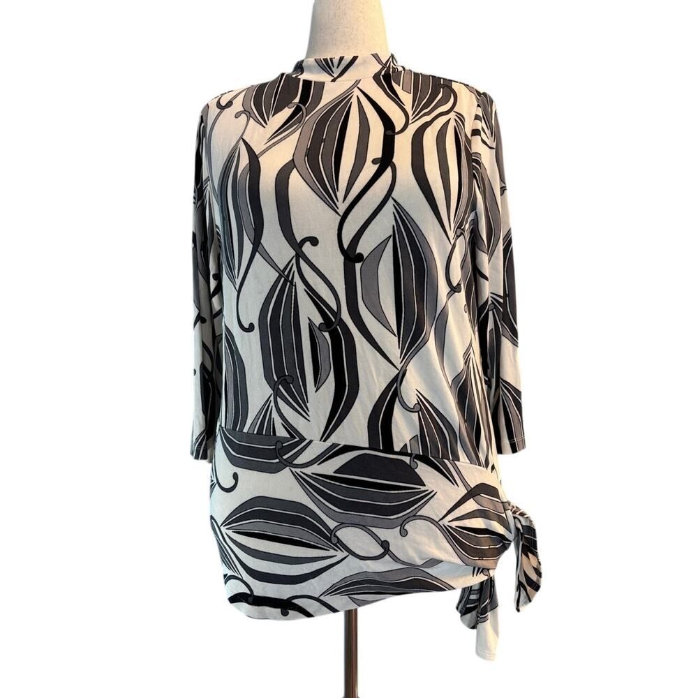 Chico's Travelers Stretch Knit Top Side Tie Neckline Zipper Cream Black Gray 3